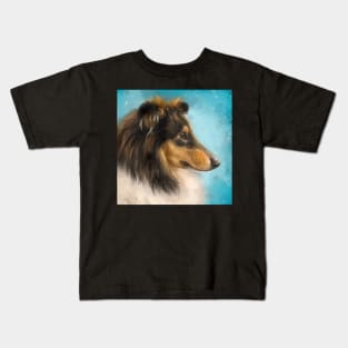 Painting of a Three Colored Collie Dog on Blue Background Kids T-Shirt